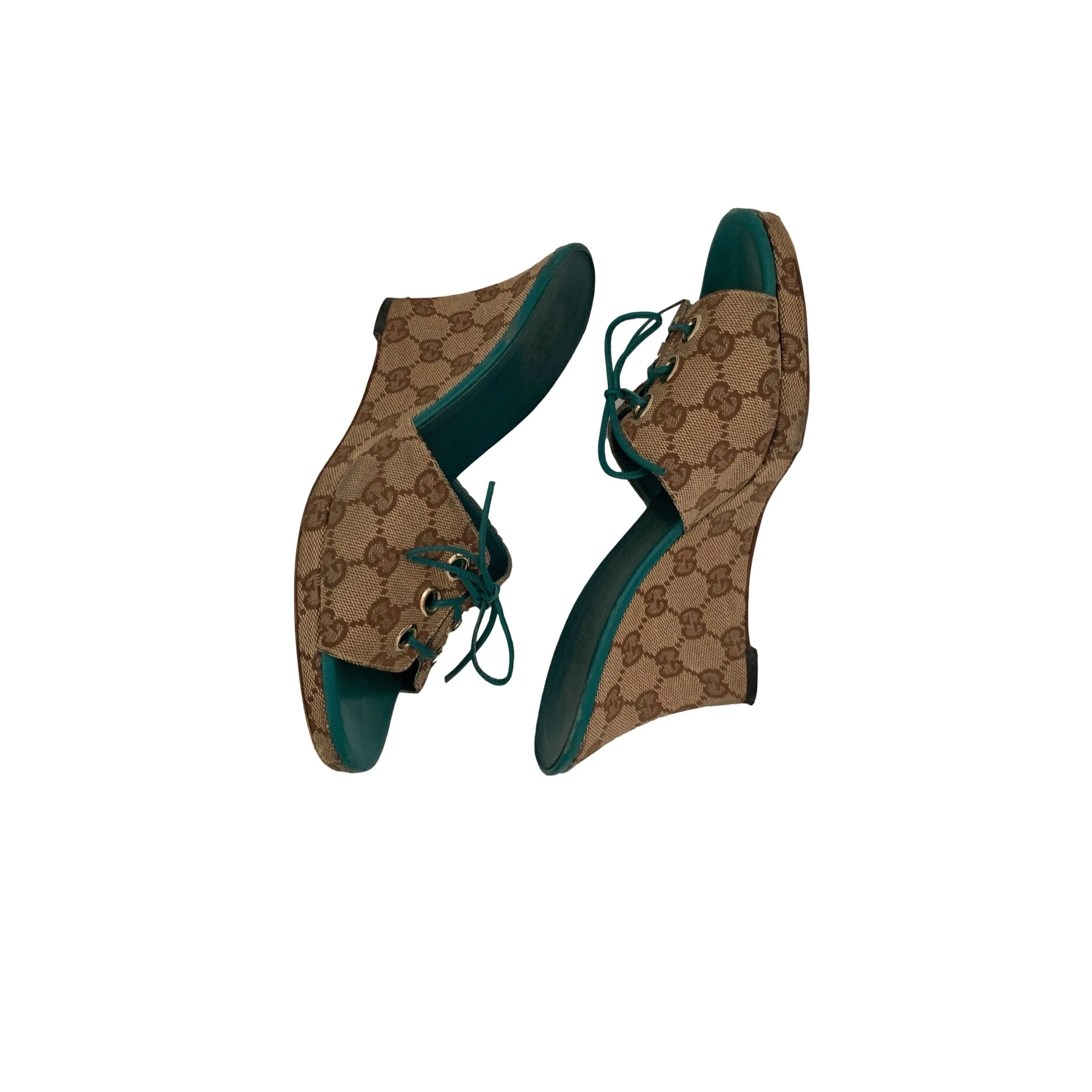 Gucci Teal Laced Up Wedges