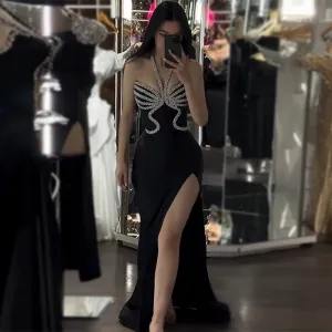 Halter Sleeveless Rhinestone Maxi Bodycon Dress HT20900