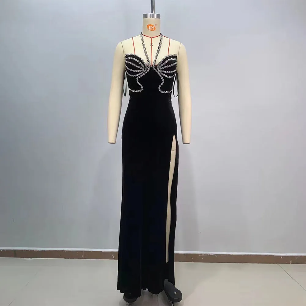 Halter Sleeveless Rhinestone Maxi Bodycon Dress HT20900