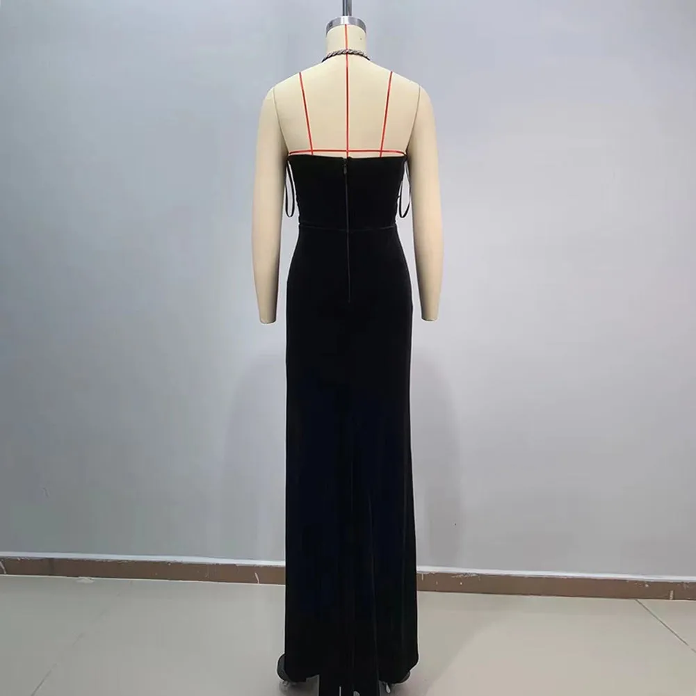 Halter Sleeveless Rhinestone Maxi Bodycon Dress HT20900