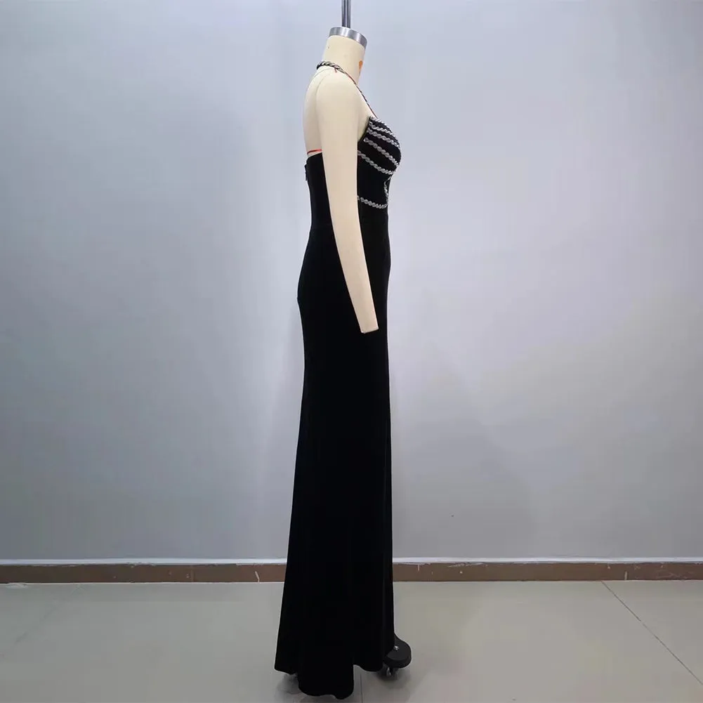 Halter Sleeveless Rhinestone Maxi Bodycon Dress HT20900