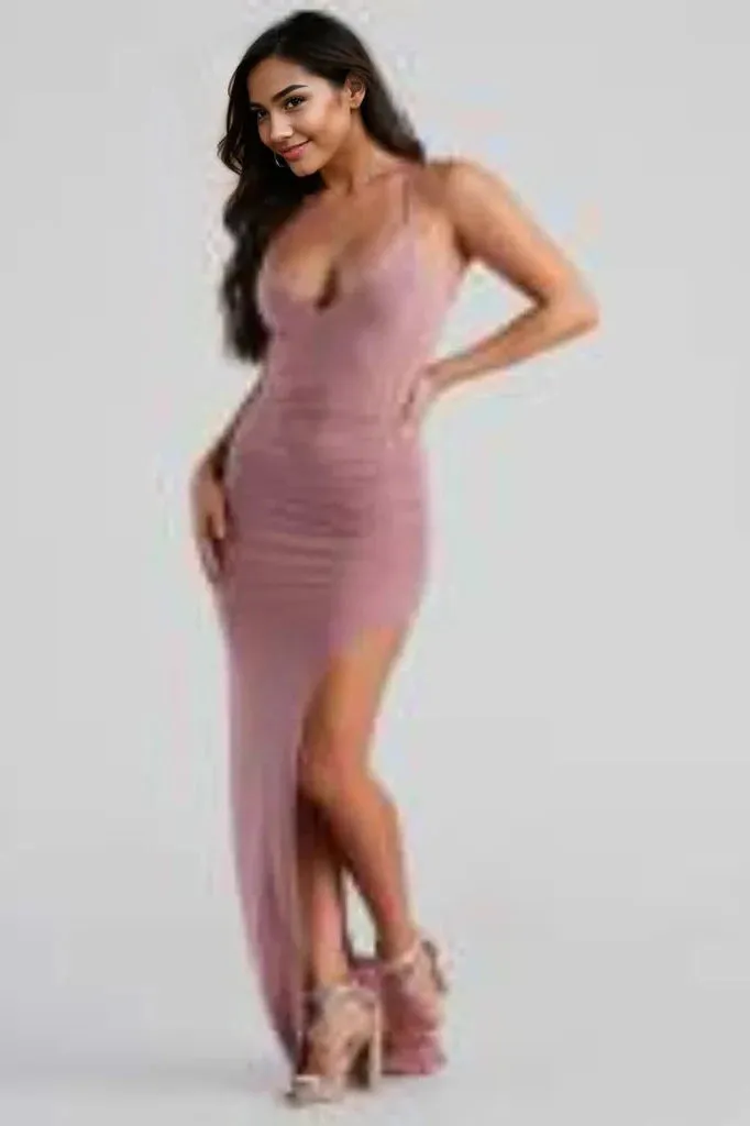 Heather Ruched High-Slit Formal Dress