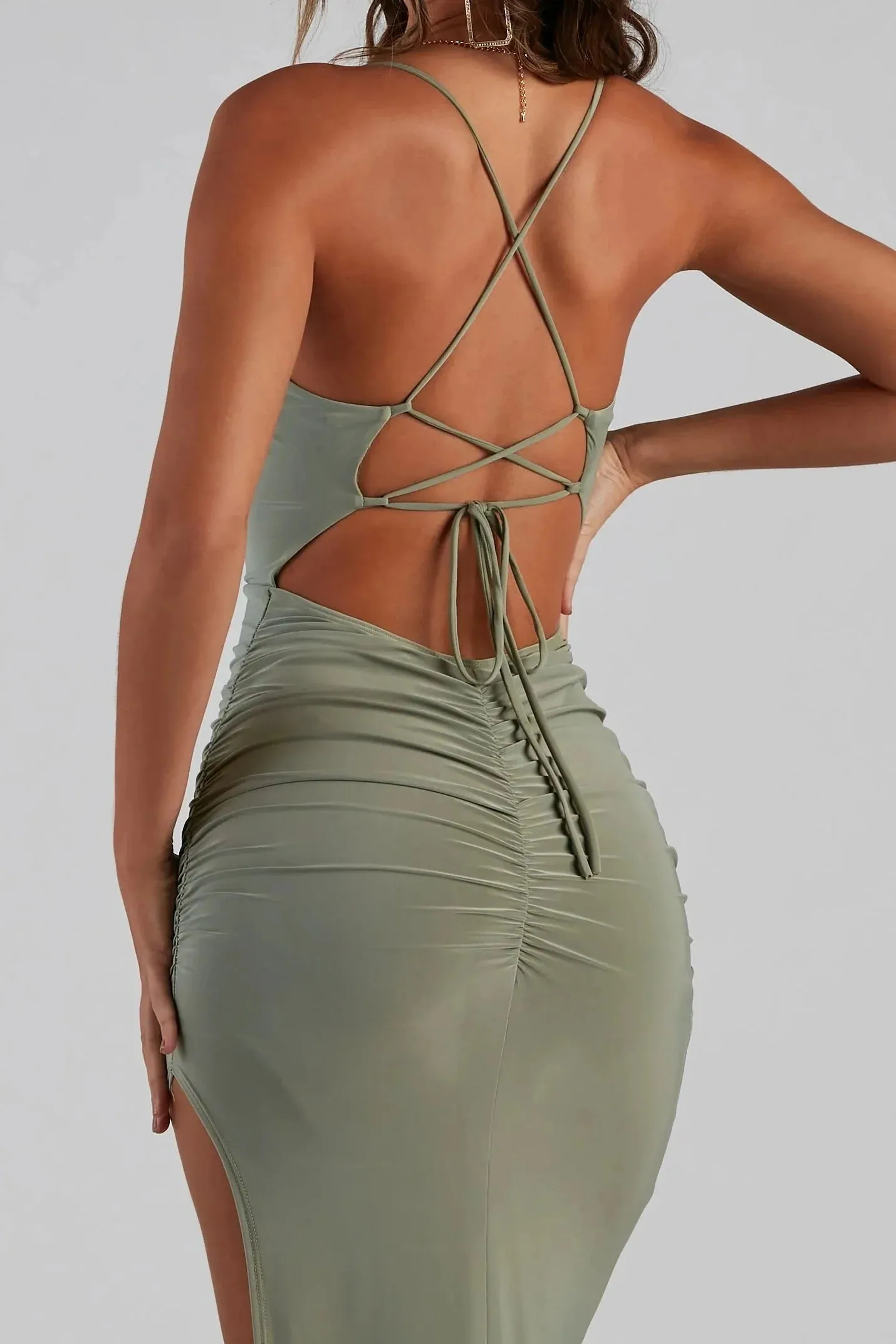 Heather Ruched High-Slit Formal Dress