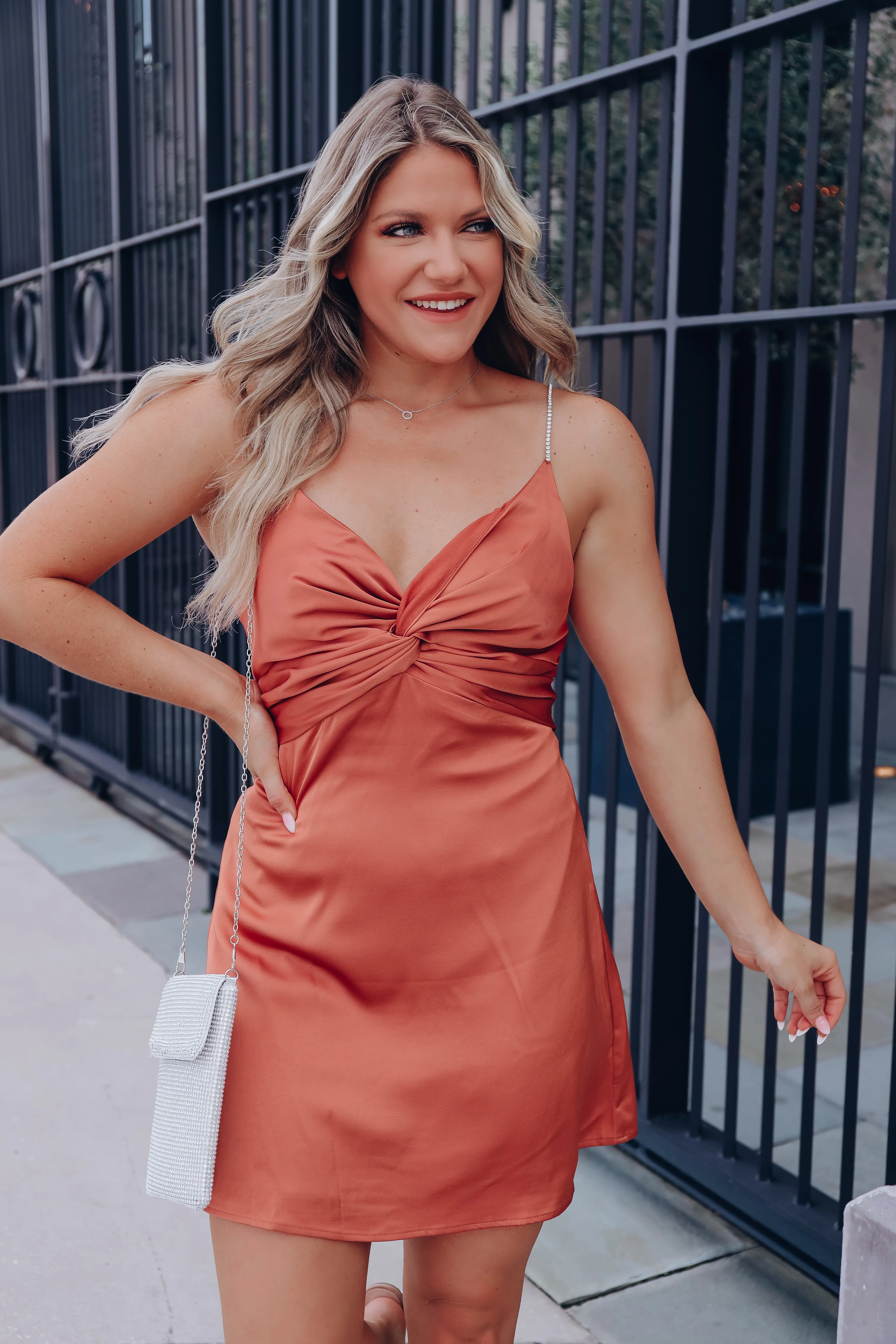 Heiress Rhinestone Strap Mini Dress - Rust