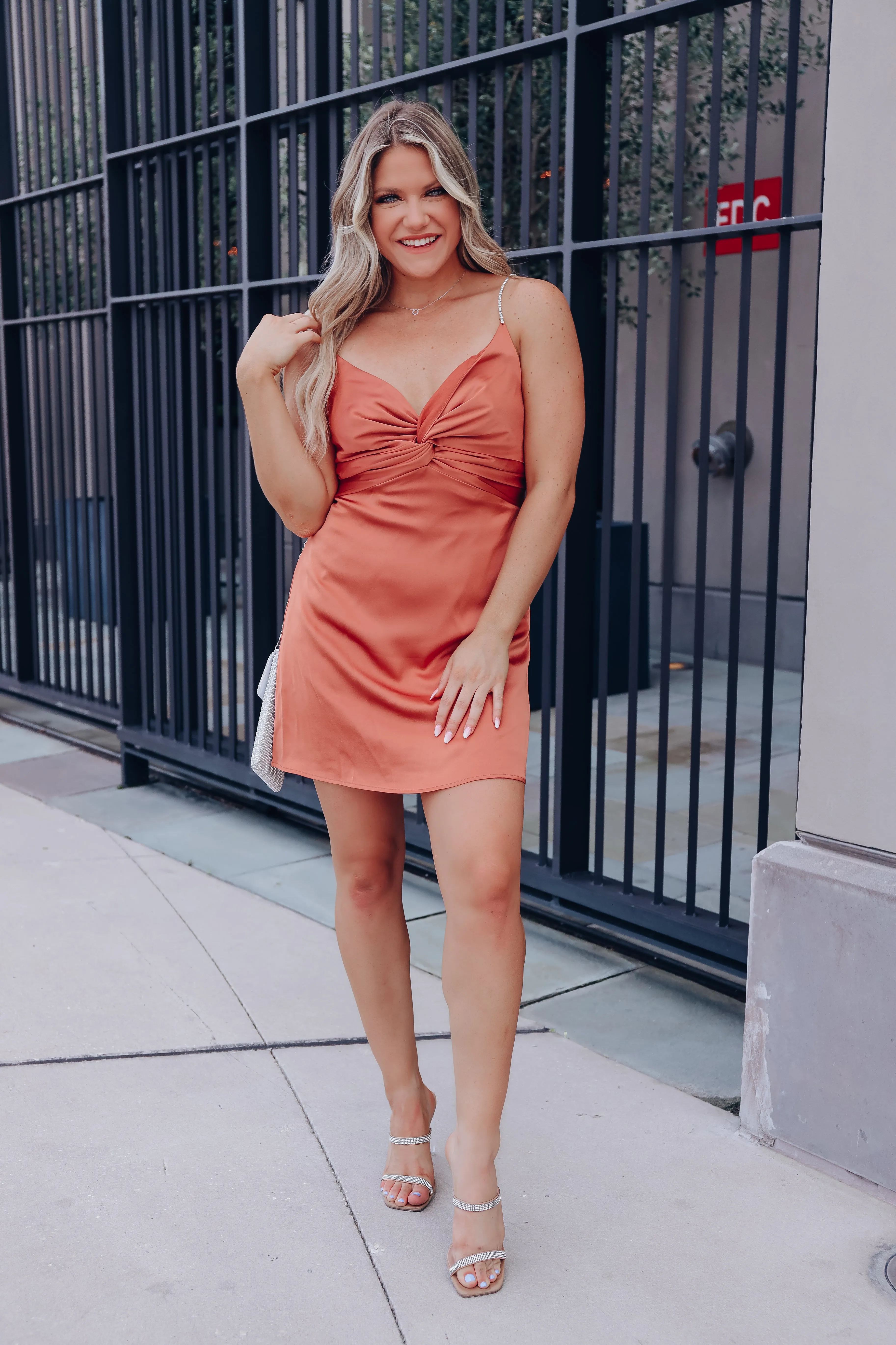 Heiress Rhinestone Strap Mini Dress - Rust