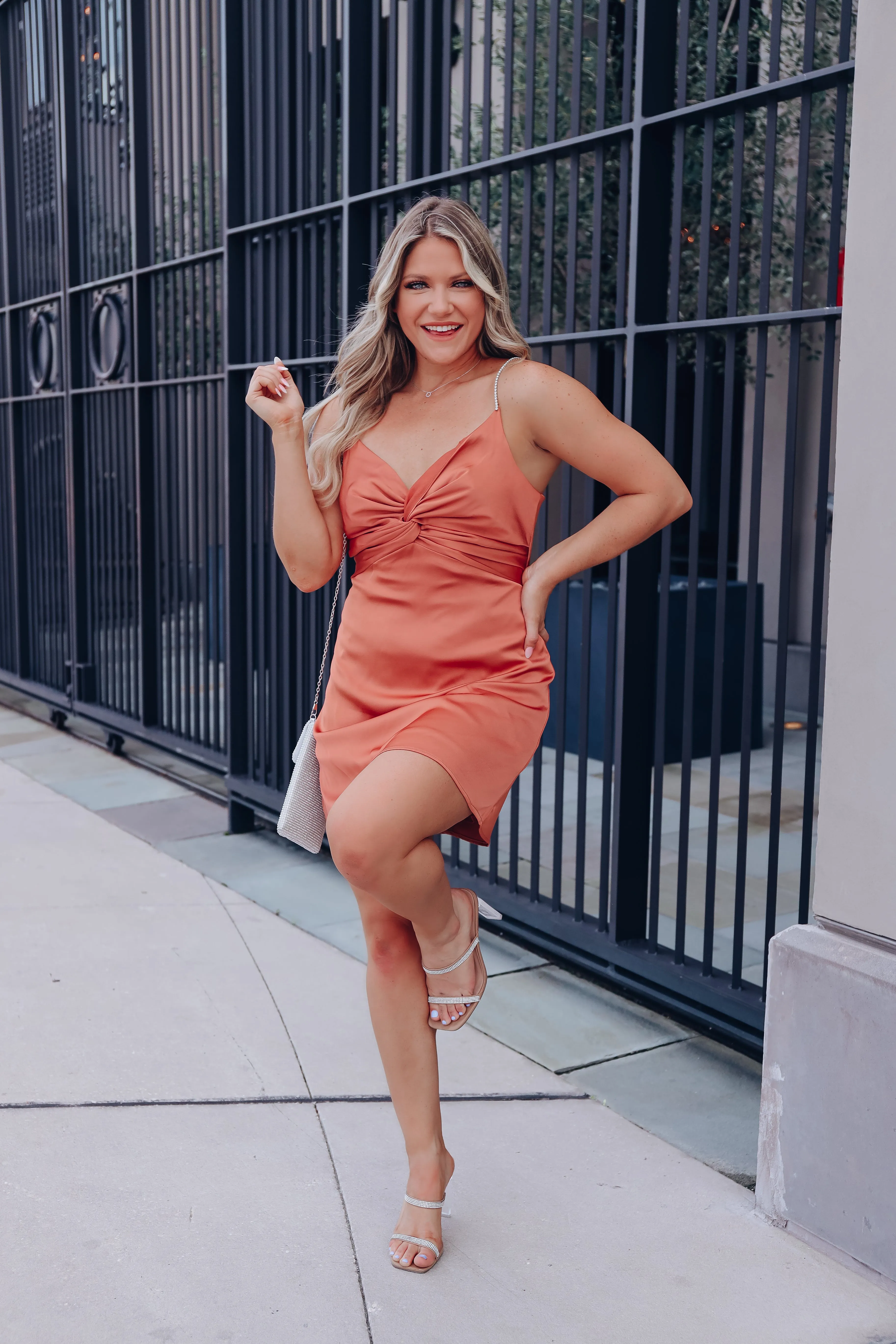 Heiress Rhinestone Strap Mini Dress - Rust