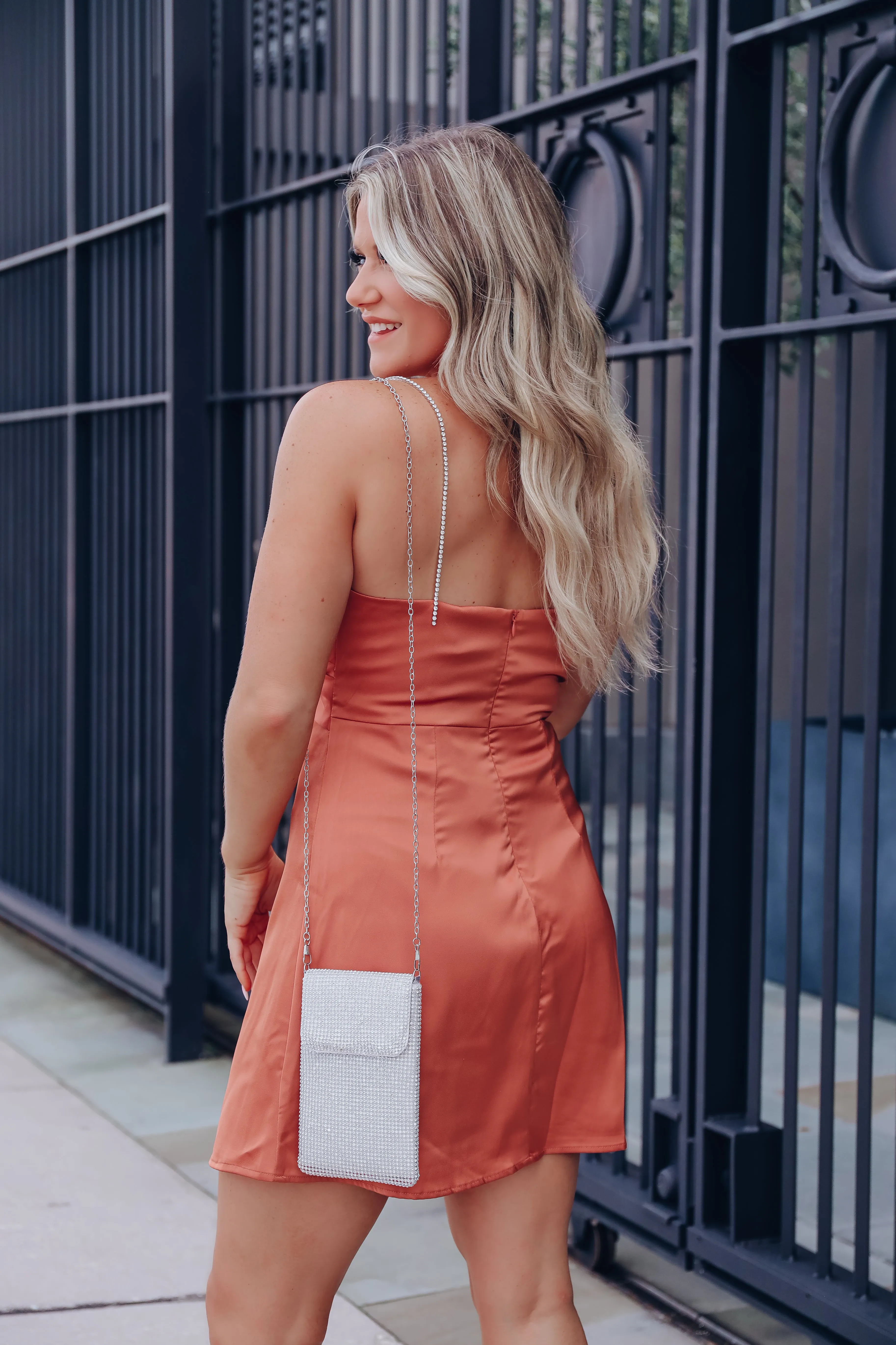 Heiress Rhinestone Strap Mini Dress - Rust