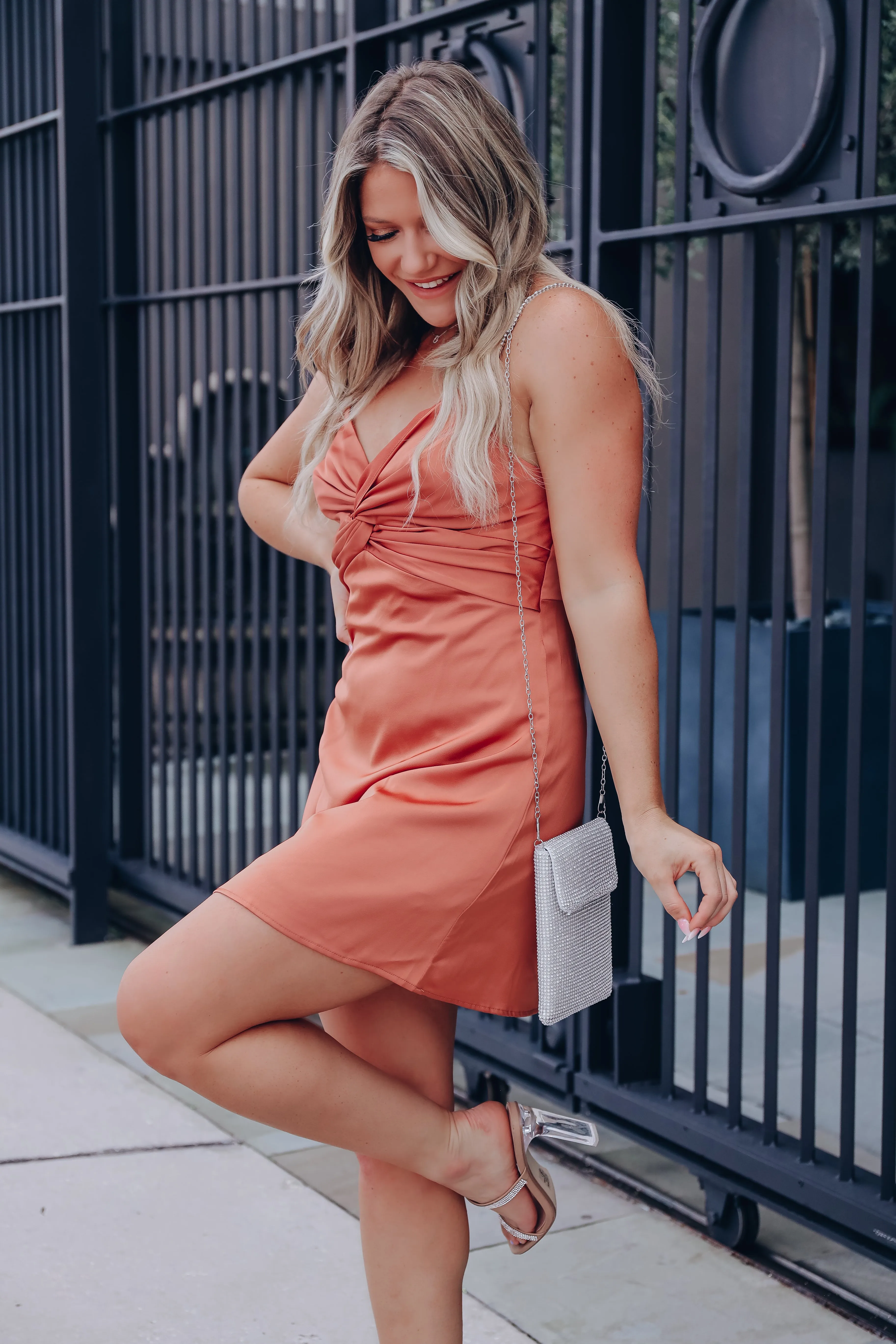 Heiress Rhinestone Strap Mini Dress - Rust