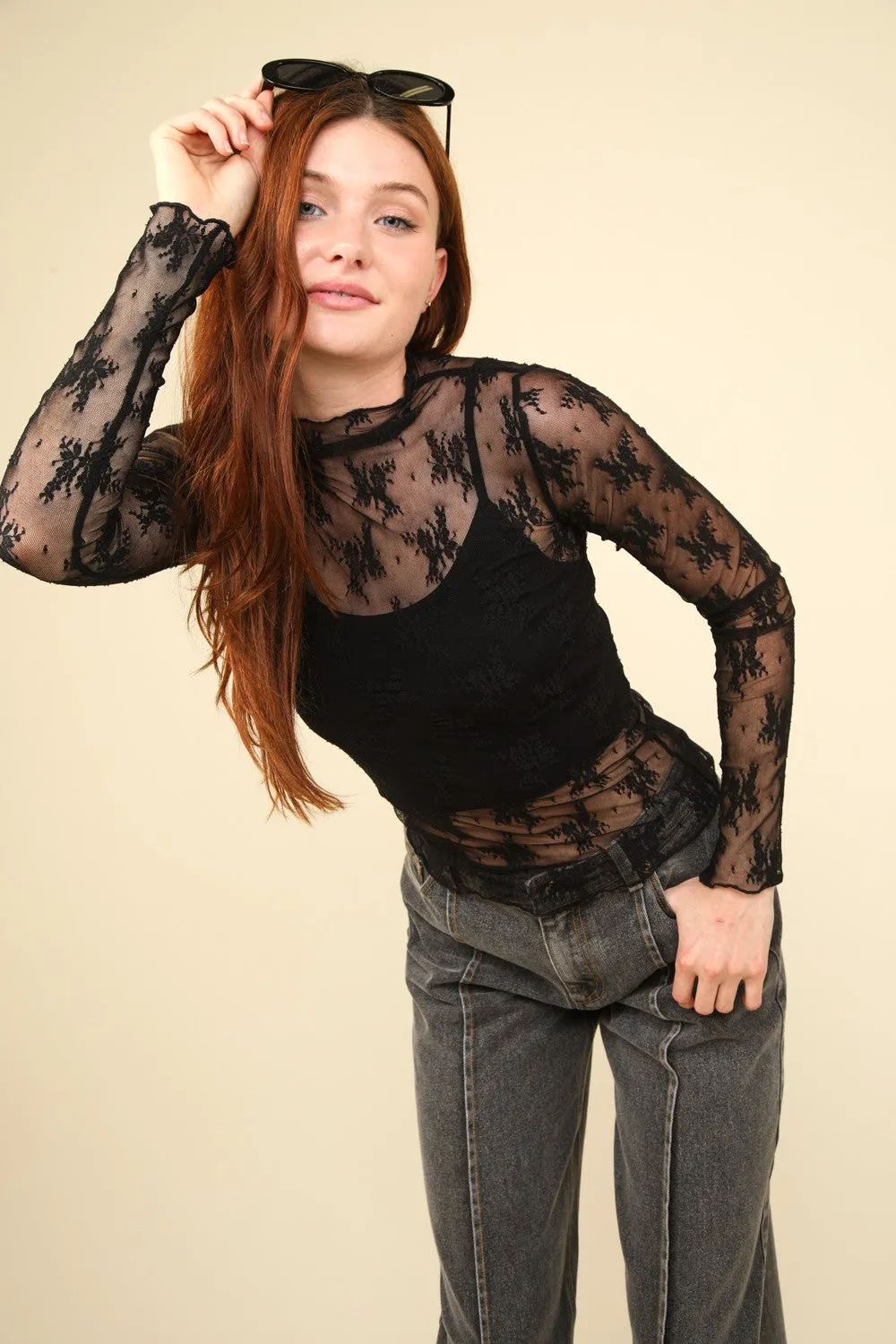 High Neck Fitted Sheer Mesh Lace Knit Top
