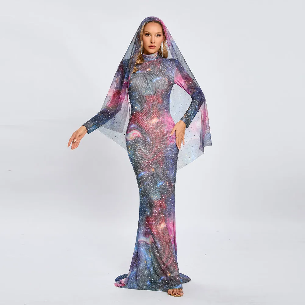 High Neck Long Sleeve Milky Way Maxi Dress KLYF1366