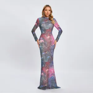 High Neck Long Sleeve Milky Way Maxi Dress KLYF1366