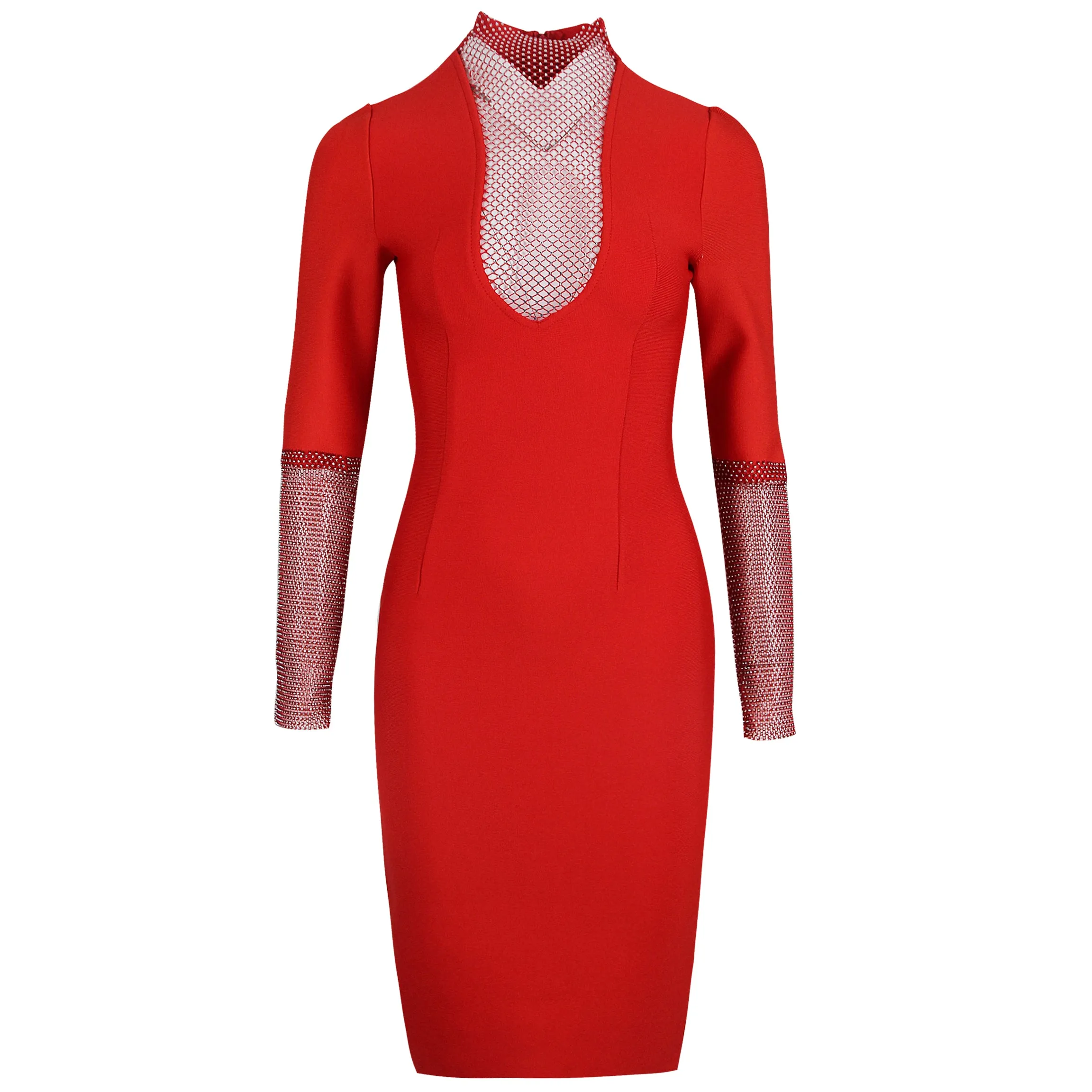 High Neck Long Sleeve Rhinestone Midi Bandage Dress