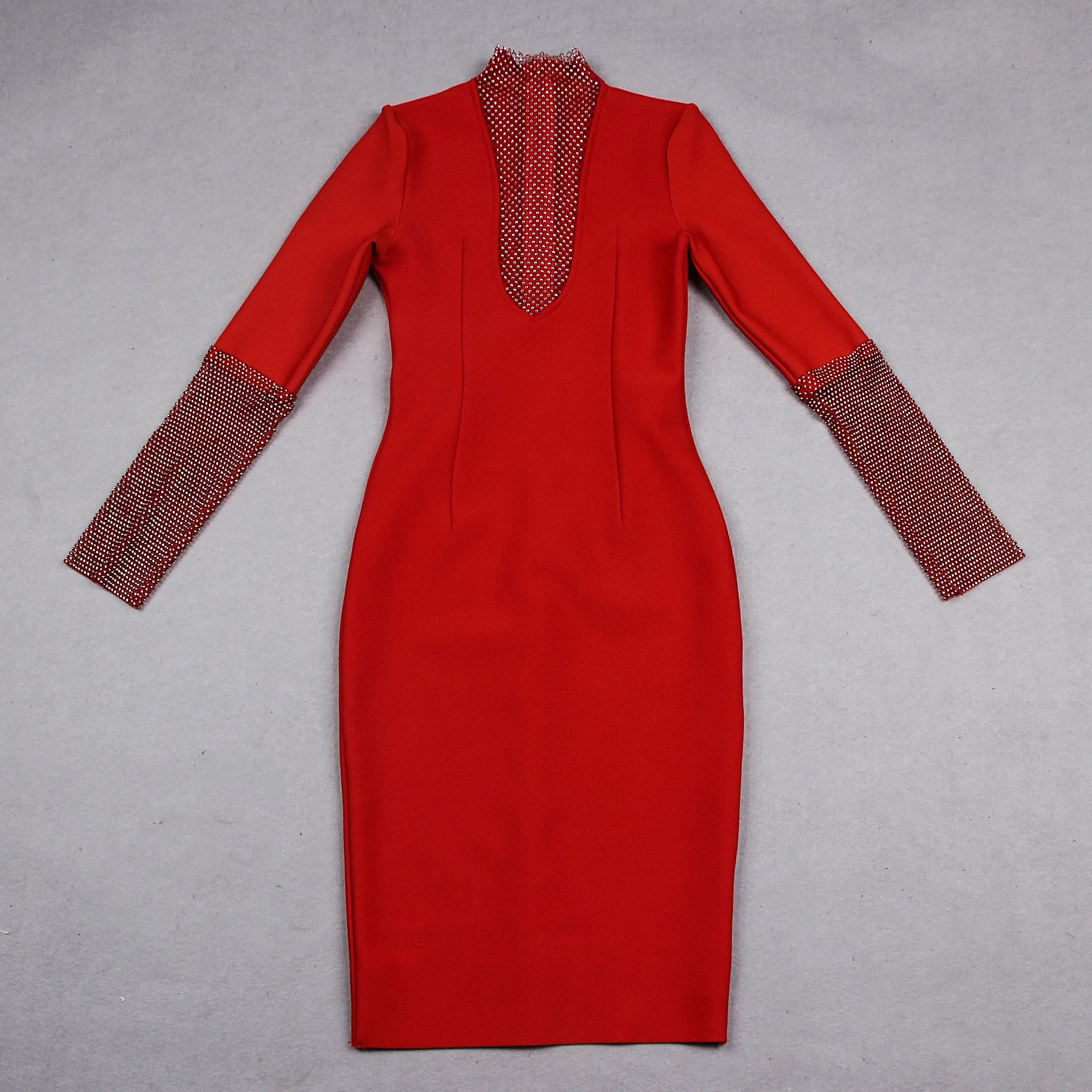 High Neck Long Sleeve Rhinestone Midi Bandage Dress