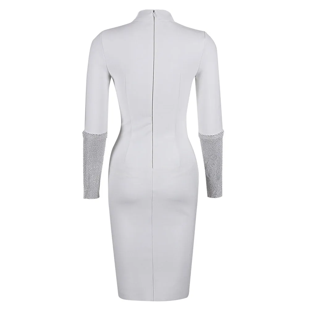 High Neck Long Sleeve Rhinestone Midi Bandage Dress