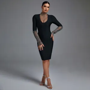 High Neck Long Sleeve Rhinestone Midi Bandage Dress