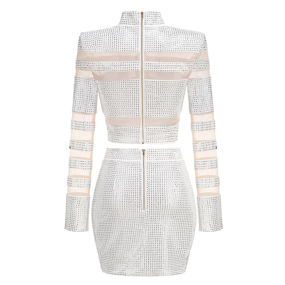 High Neck Long Sleeve Rhinestone Mini Set KLYF1258