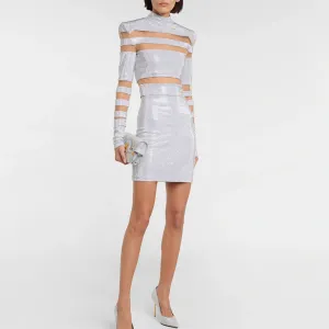 High Neck Long Sleeve Rhinestone Mini Set KLYF1258
