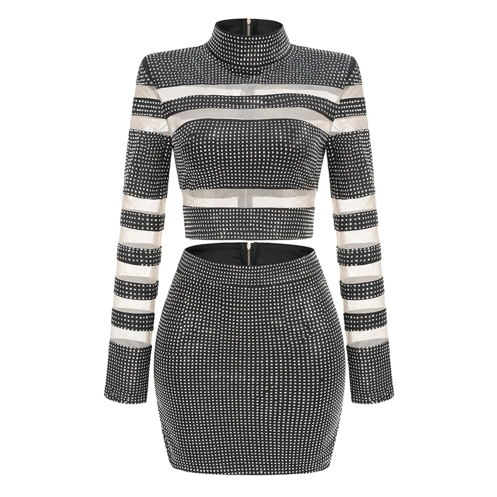 High Neck Long Sleeve Rhinestone Mini Set KLYF1258