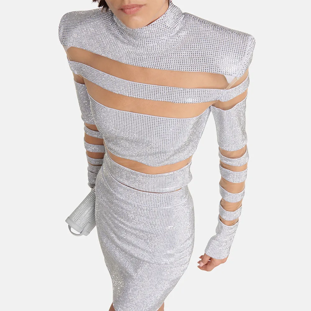 High Neck Long Sleeve Rhinestone Mini Set KLYF1258