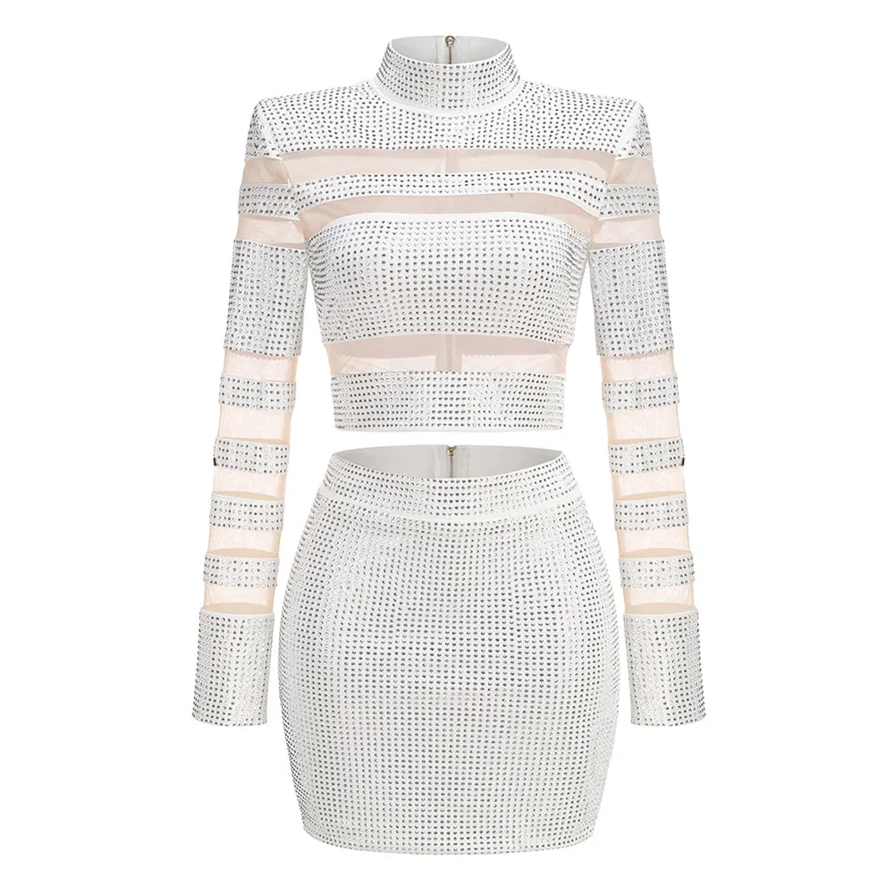 High Neck Long Sleeve Rhinestone Mini Set KLYF1258
