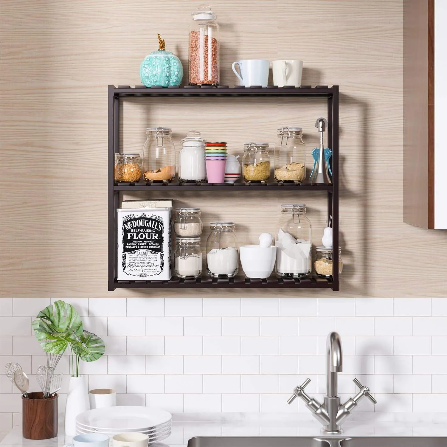 HOMFA Bamboo Shelf 3-Tier Utility Storage Organizer Adjustable layer Rack Bathroom Towel Shelves Multifunctional Kitchen Living Room Holder Wall Mounted Retro Color