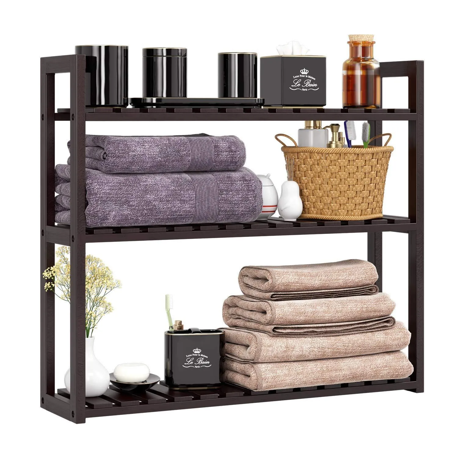 HOMFA Bamboo Shelf 3-Tier Utility Storage Organizer Adjustable layer Rack Bathroom Towel Shelves Multifunctional Kitchen Living Room Holder Wall Mounted Retro Color