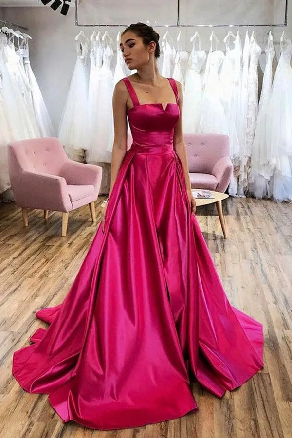Hot Pink Satin Long Prom Dress  A-line Straps Evening Dress TP1073