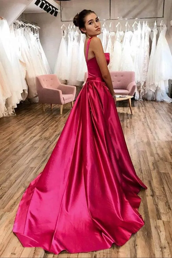 Hot Pink Satin Long Prom Dress  A-line Straps Evening Dress TP1073