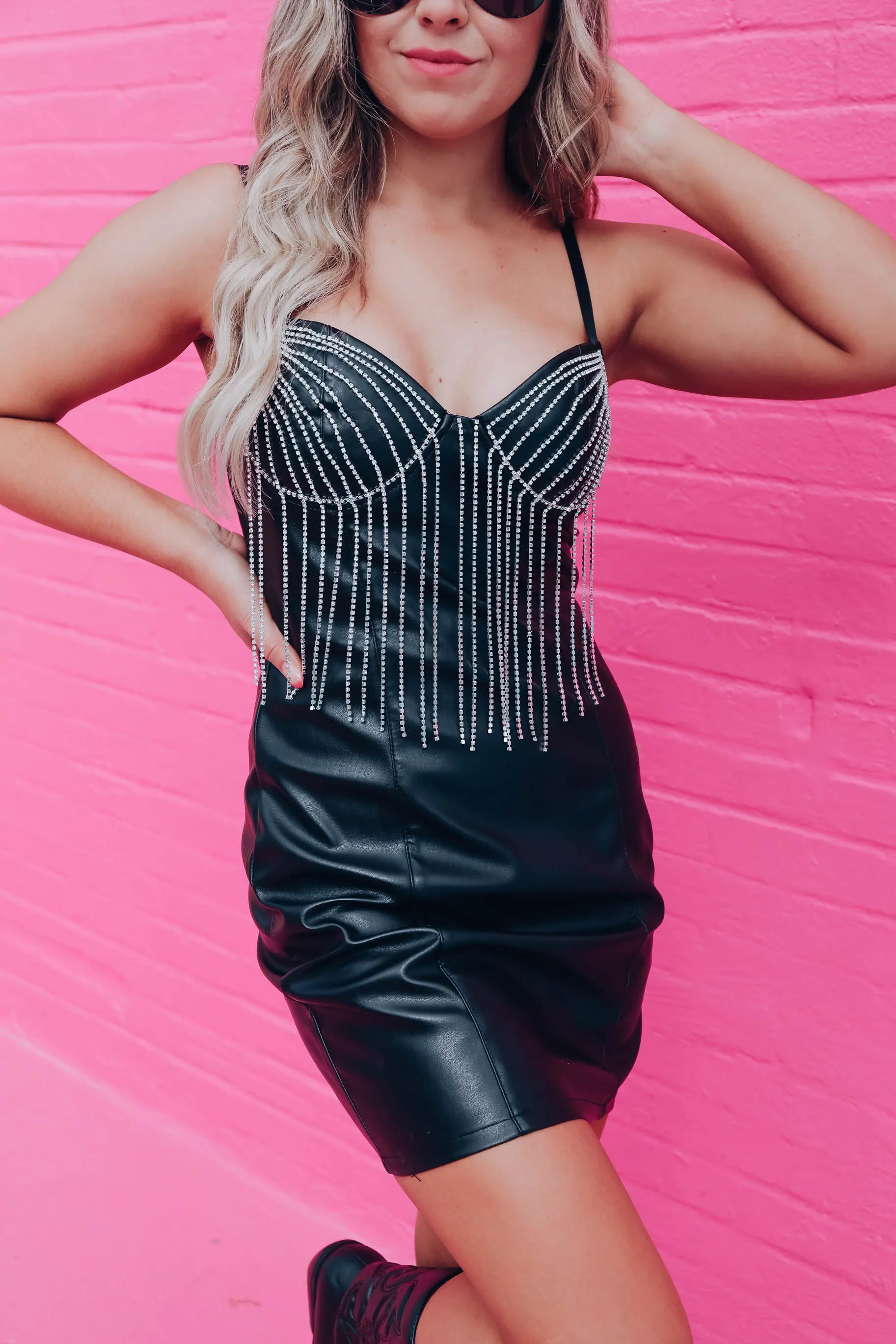 Impressed Rhinestone Fringe Mini Dress - Black