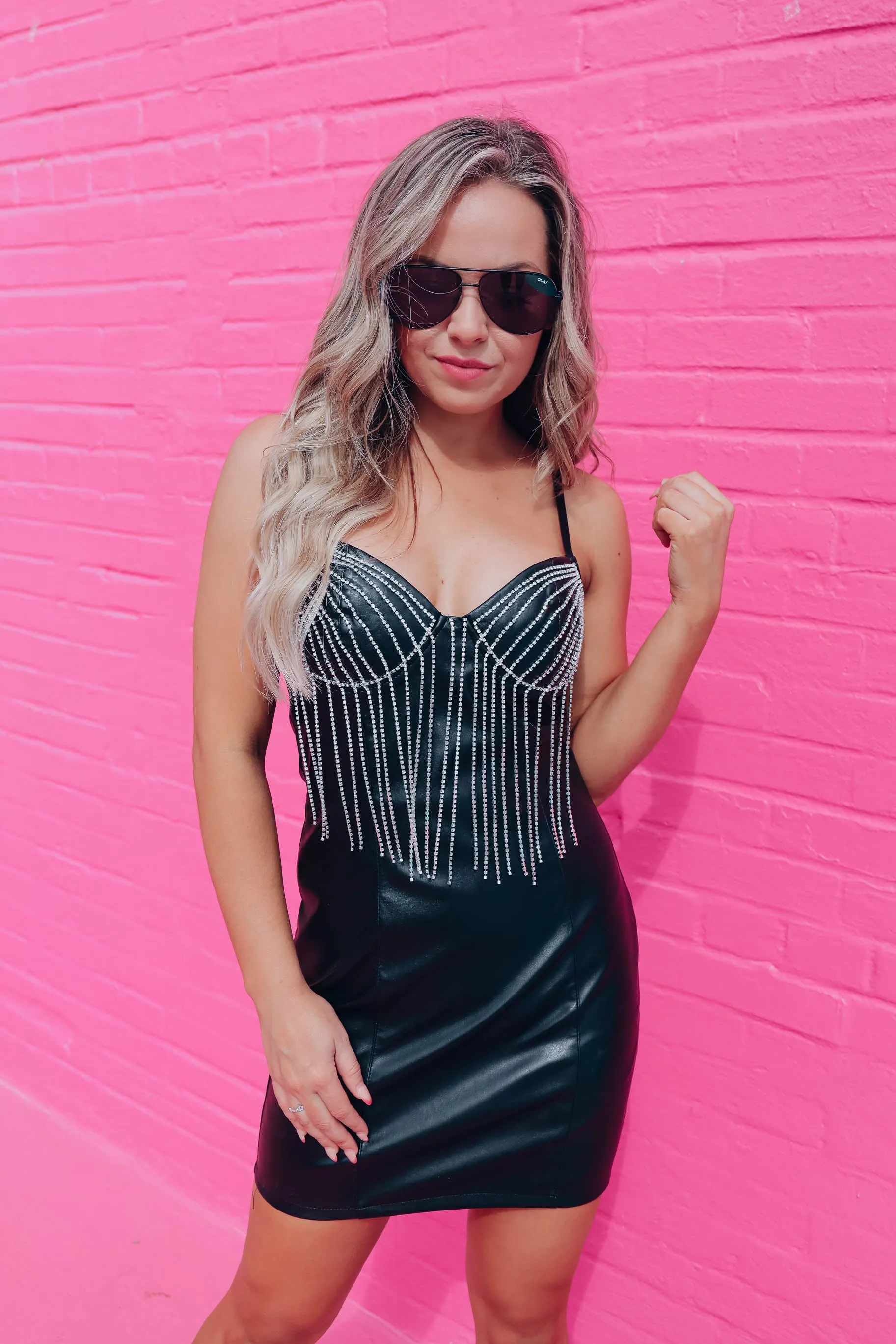 Impressed Rhinestone Fringe Mini Dress - Black