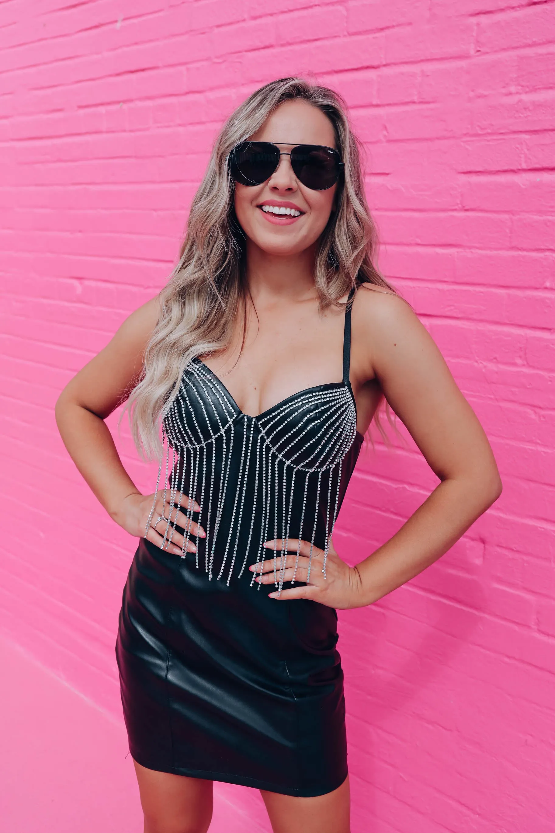 Impressed Rhinestone Fringe Mini Dress - Black