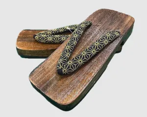 Japanese Men's Geta Sandals / Size 4L, Black & Gold, Geometric Straps