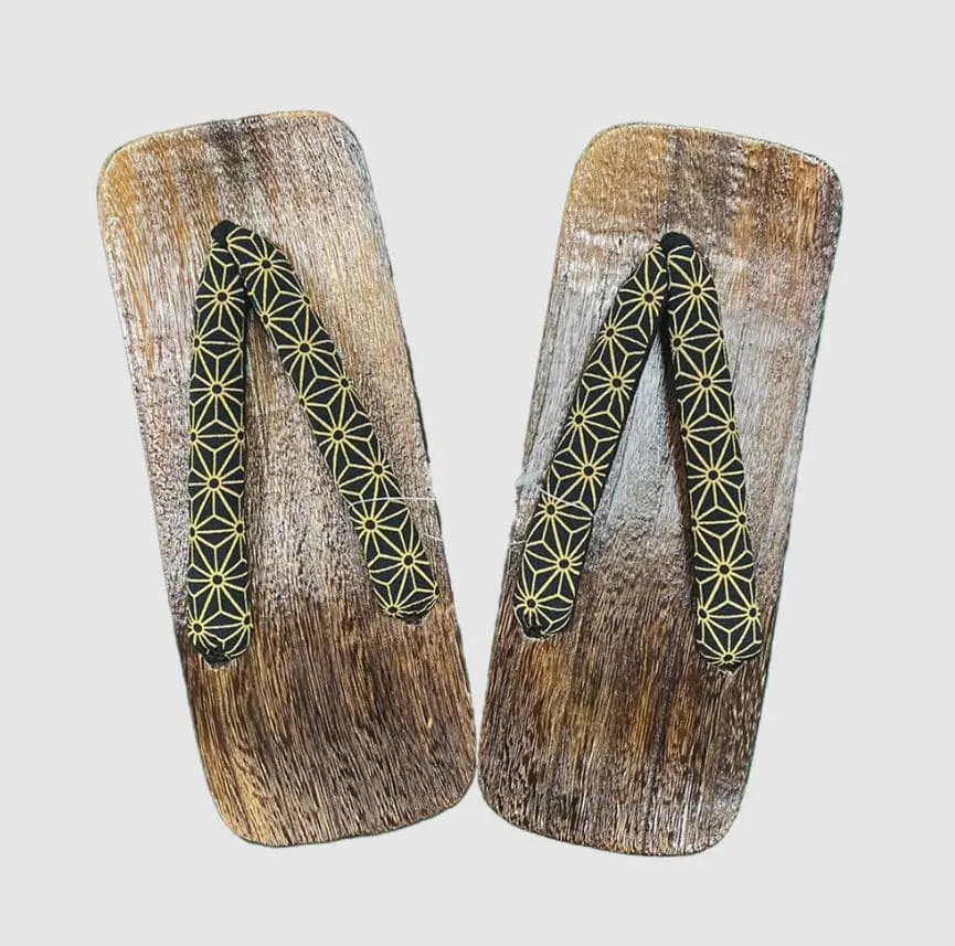 Japanese Men's Geta Sandals / Size 4L, Black & Gold, Geometric Straps