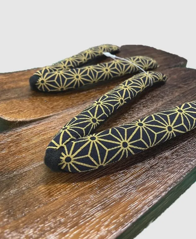Japanese Men's Geta Sandals / Size 4L, Black & Gold, Geometric Straps