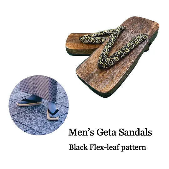 Japanese Men's Geta Sandals / Size 4L, Black & Gold, Geometric Straps