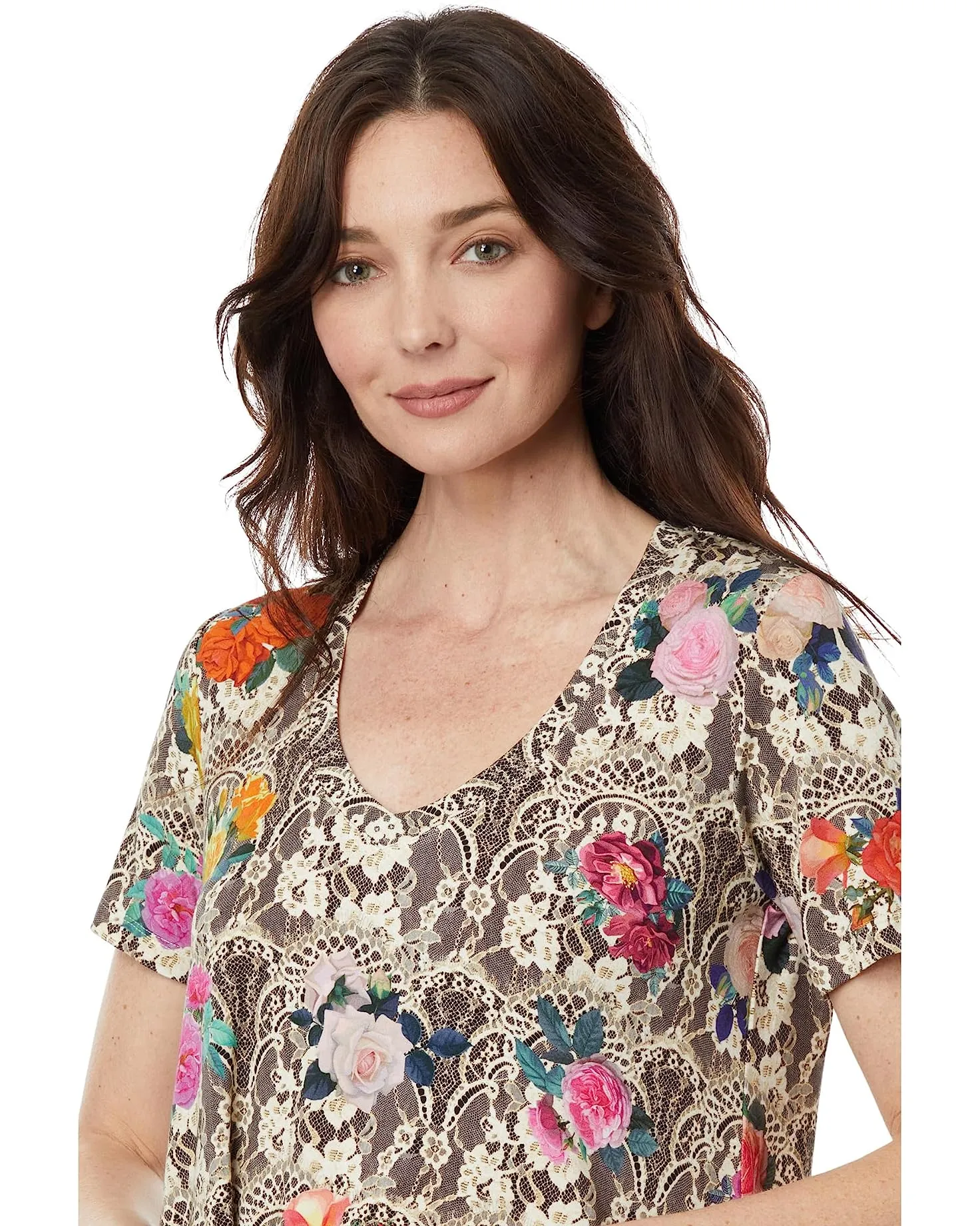 Johnny Was Rose Lace Favorite Short Sleeve V Neck Swing Tee Special Top Shirt New