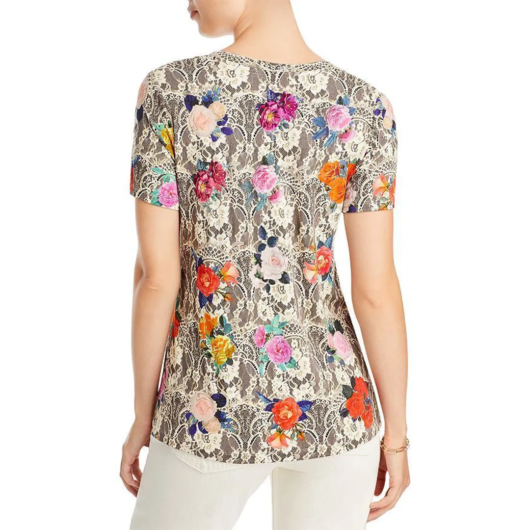 Johnny Was Rose Lace Favorite Short Sleeve V Neck Swing Tee Special Top Shirt New