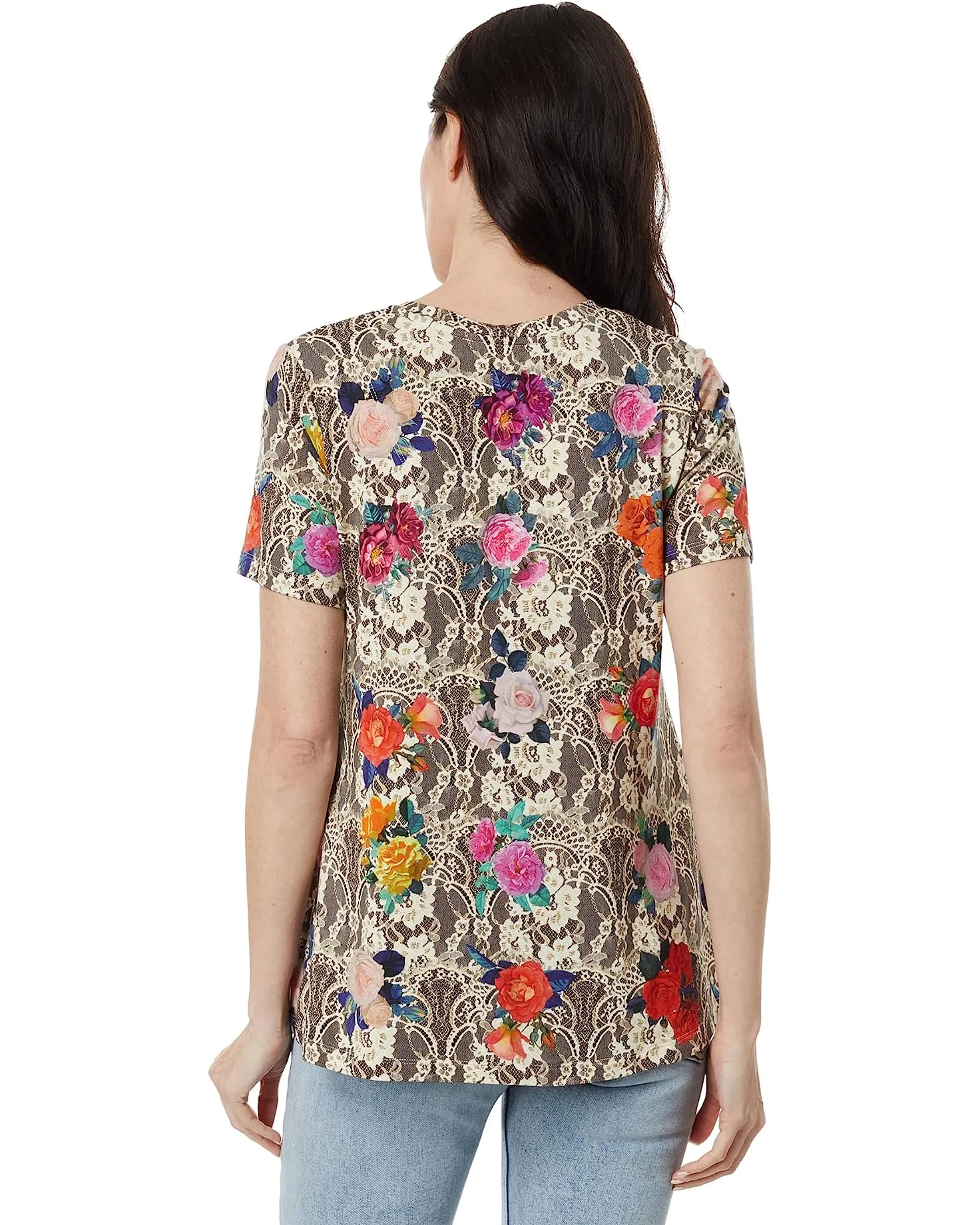 Johnny Was Rose Lace Favorite Short Sleeve V Neck Swing Tee Special Top Shirt New