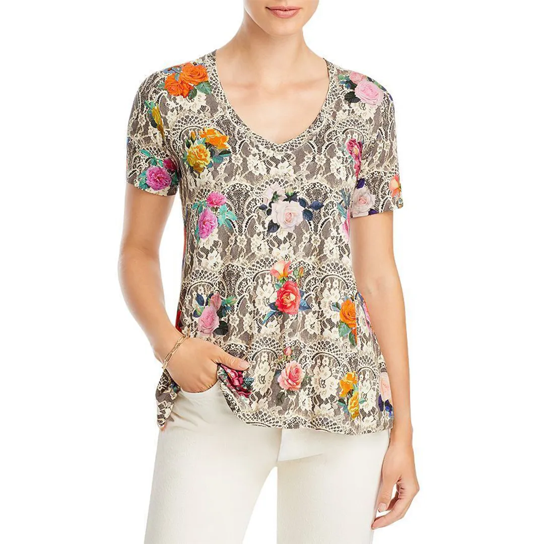 Johnny Was Rose Lace Favorite Short Sleeve V Neck Swing Tee Special Top Shirt New