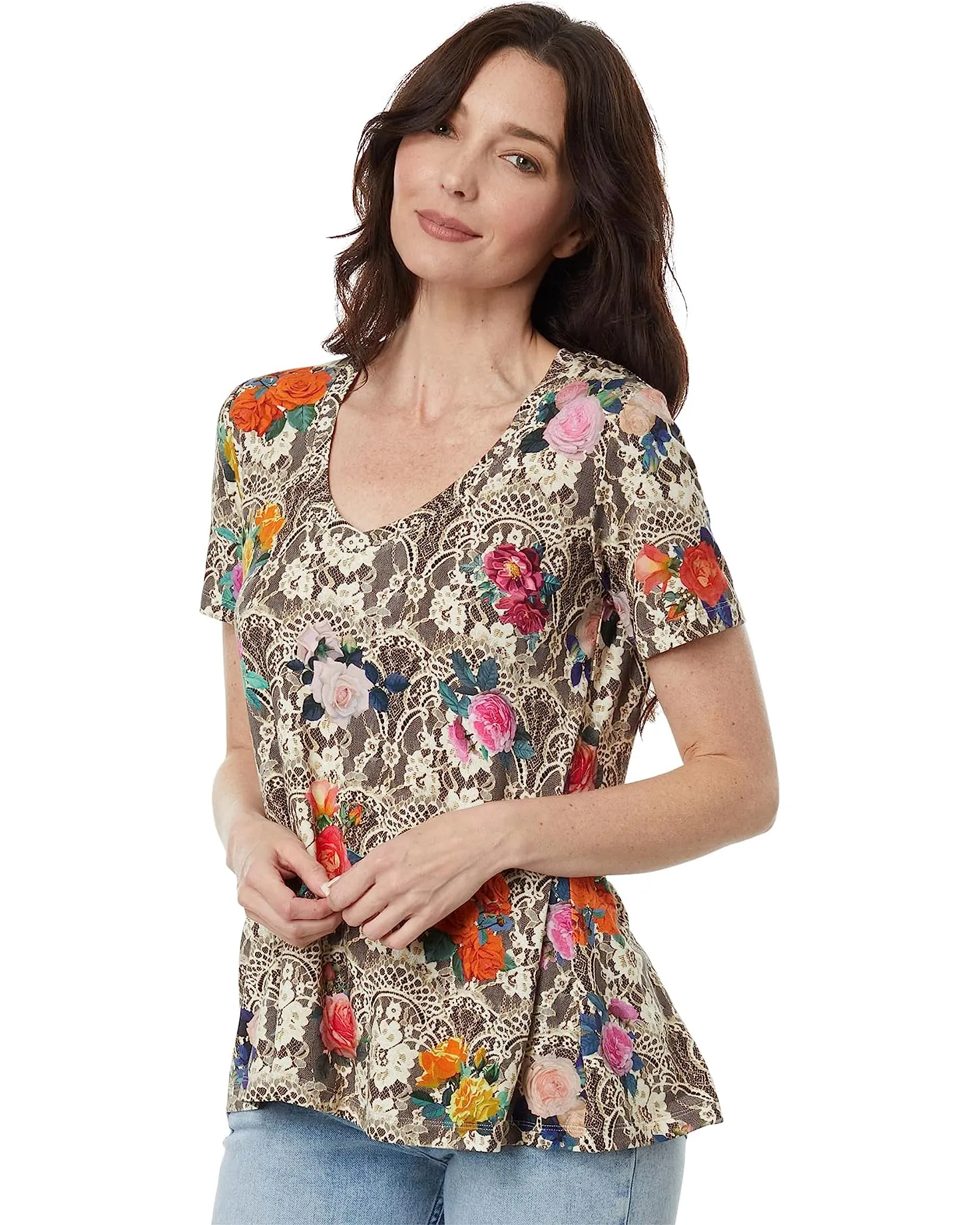 Johnny Was Rose Lace Favorite Short Sleeve V Neck Swing Tee Special Top Shirt New