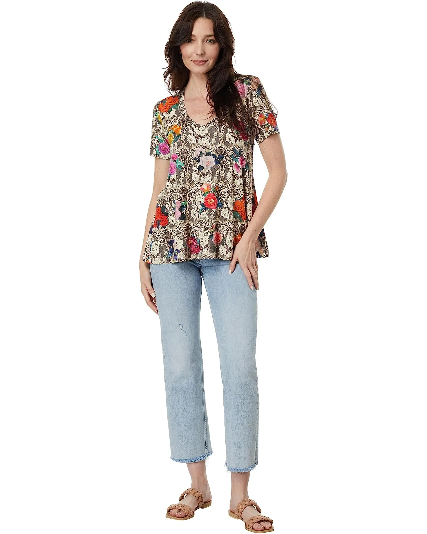Johnny Was Rose Lace Favorite Short Sleeve V Neck Swing Tee Special Top Shirt New