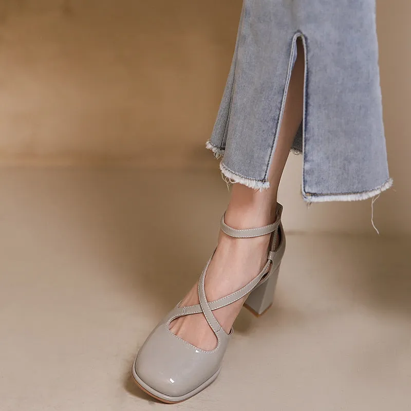 Joskaa French Temperament  Lace Up Women Shoes 2024 Soft Leather Formal Dress Thick-heeled Shoes Patent Leather Mary Jane Shoes