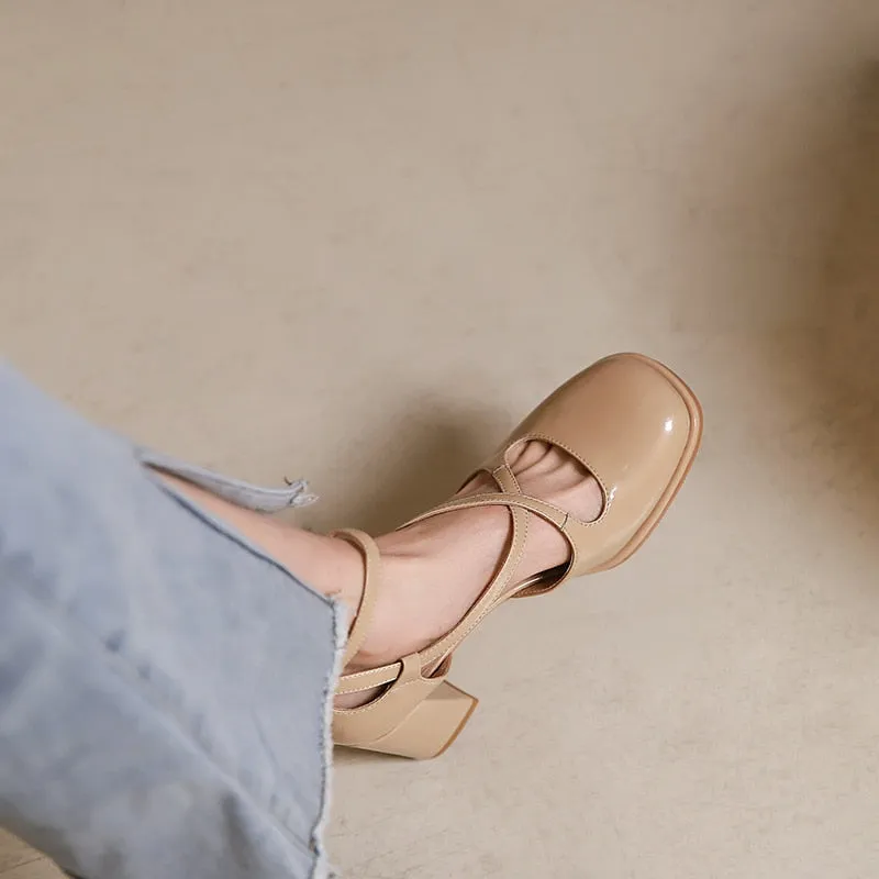 Joskaa French Temperament  Lace Up Women Shoes 2024 Soft Leather Formal Dress Thick-heeled Shoes Patent Leather Mary Jane Shoes
