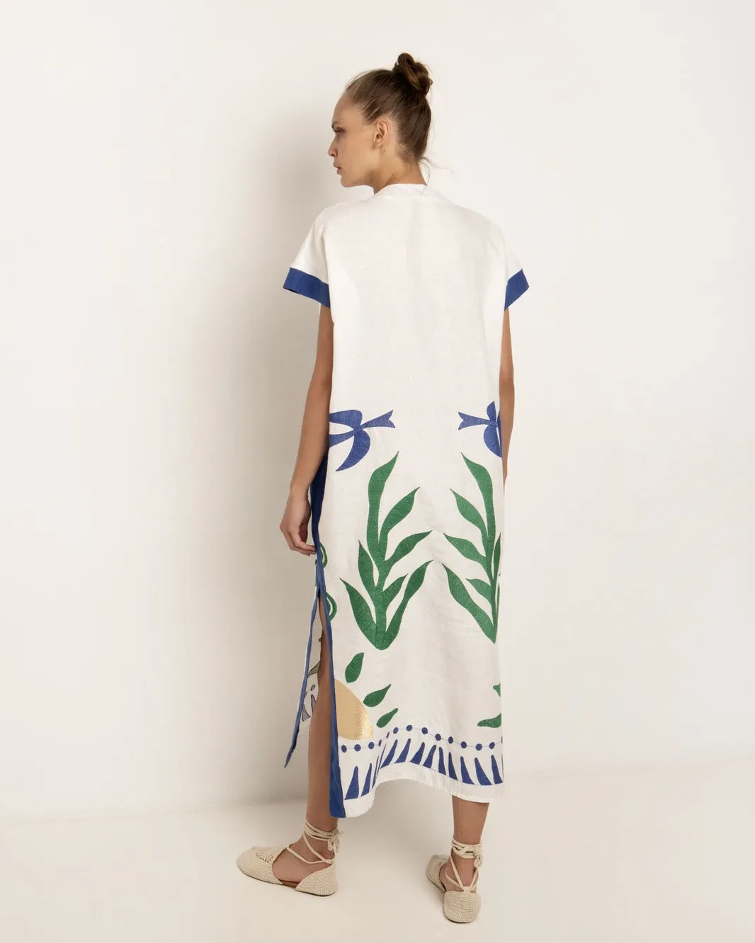 KAFTAN LONG SUN DRESS - WHITE BLUE/GREEN