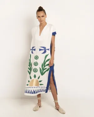 KAFTAN LONG SUN DRESS - WHITE BLUE/GREEN