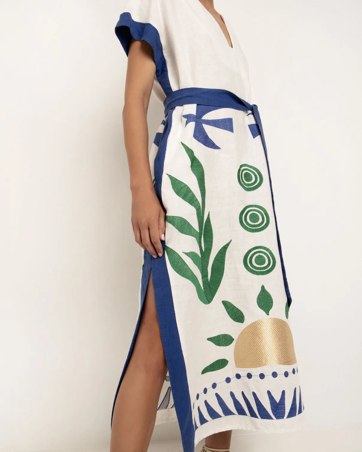 KAFTAN LONG SUN DRESS - WHITE BLUE/GREEN