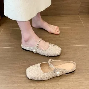 kamames Gentle Semi-Slippers Flat-Soled Shoes Women's Bag Head With A Soft Sole Silver Mary Jane Women's Shoes Temperament Word Flip-Flops