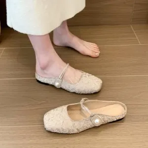 kamames Gentle Semi-Slippers Flat-Soled Shoes Women's Bag Head With A Soft Sole Silver Mary Jane Women's Shoes Temperament Word Flip-Flops