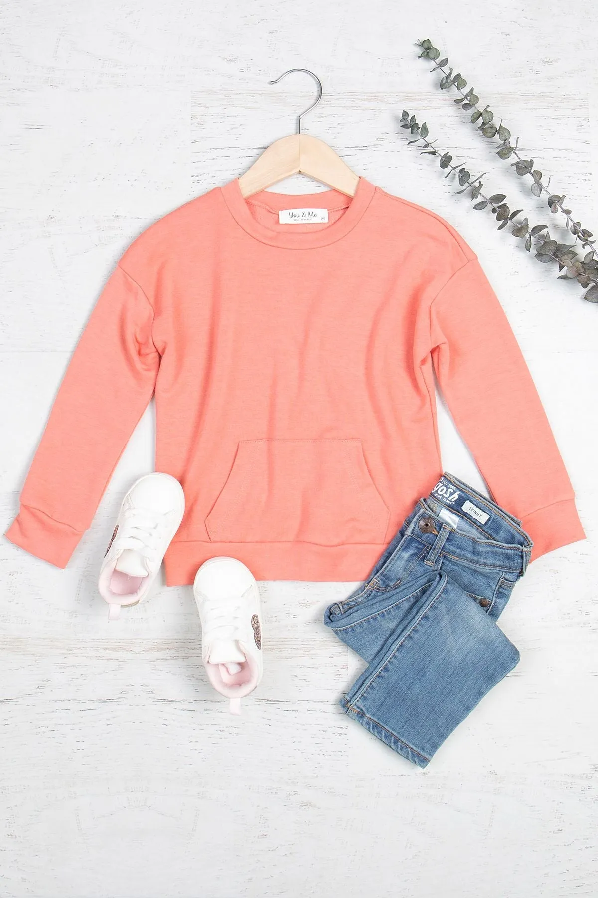 Kids Solid French Terry Long Sleeve Top With Kangaroo Pocket