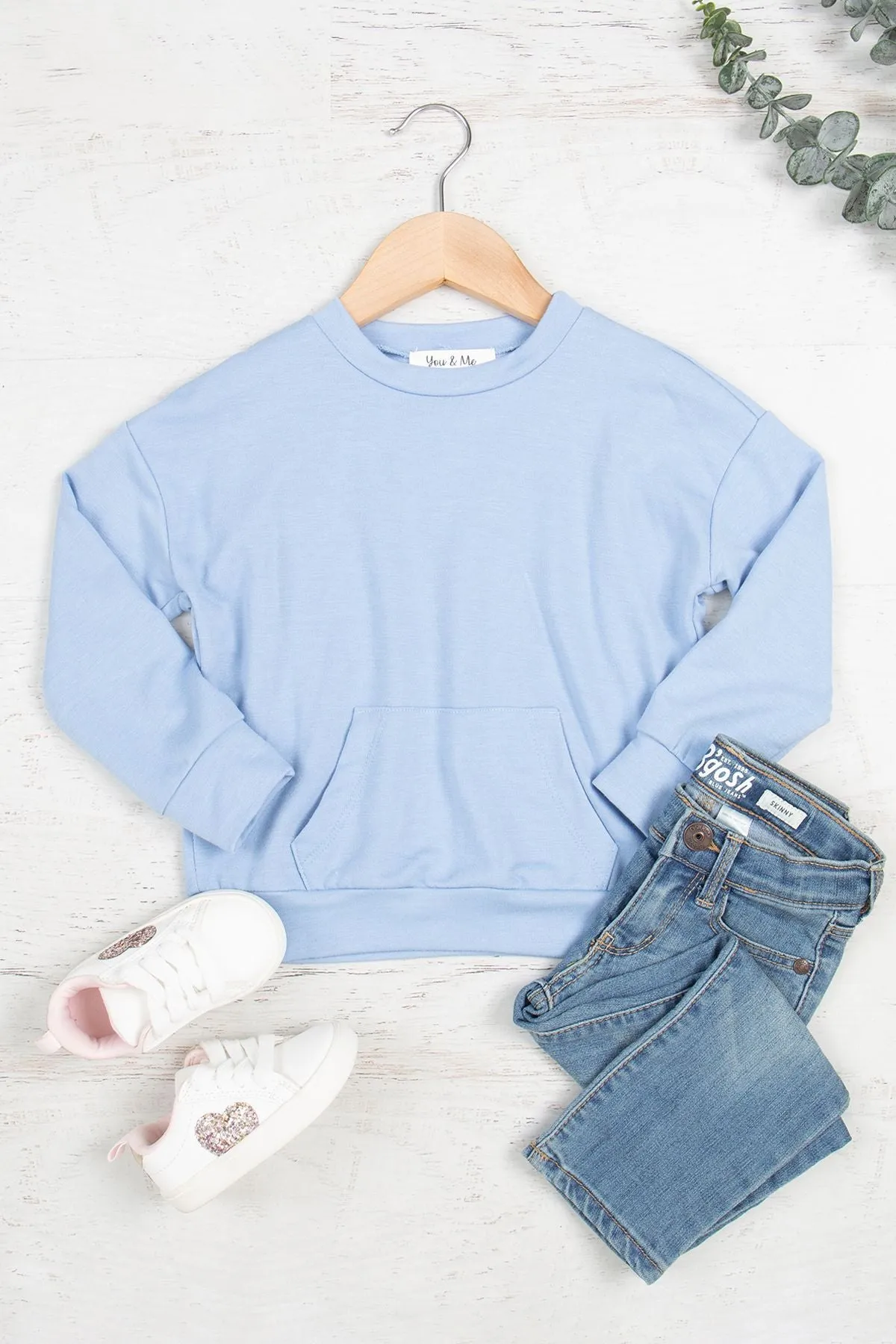 Kids Solid French Terry Long Sleeve Top With Kangaroo Pocket